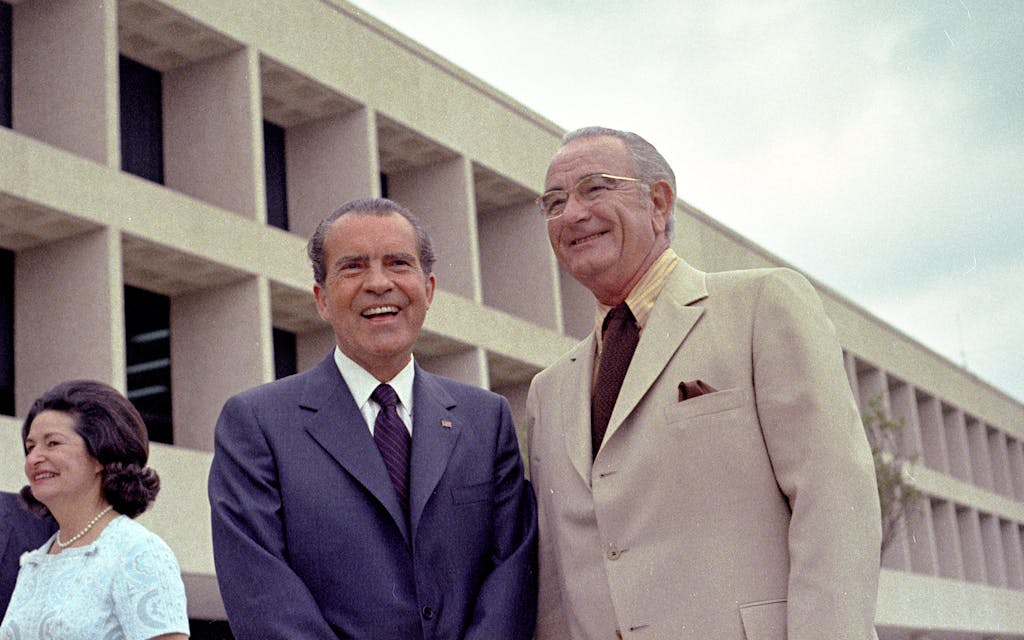 Lady Bird Johnson, President Richard Nixon, and Lyndon B. Johnson at the dedication of the library on May 22, 1971.