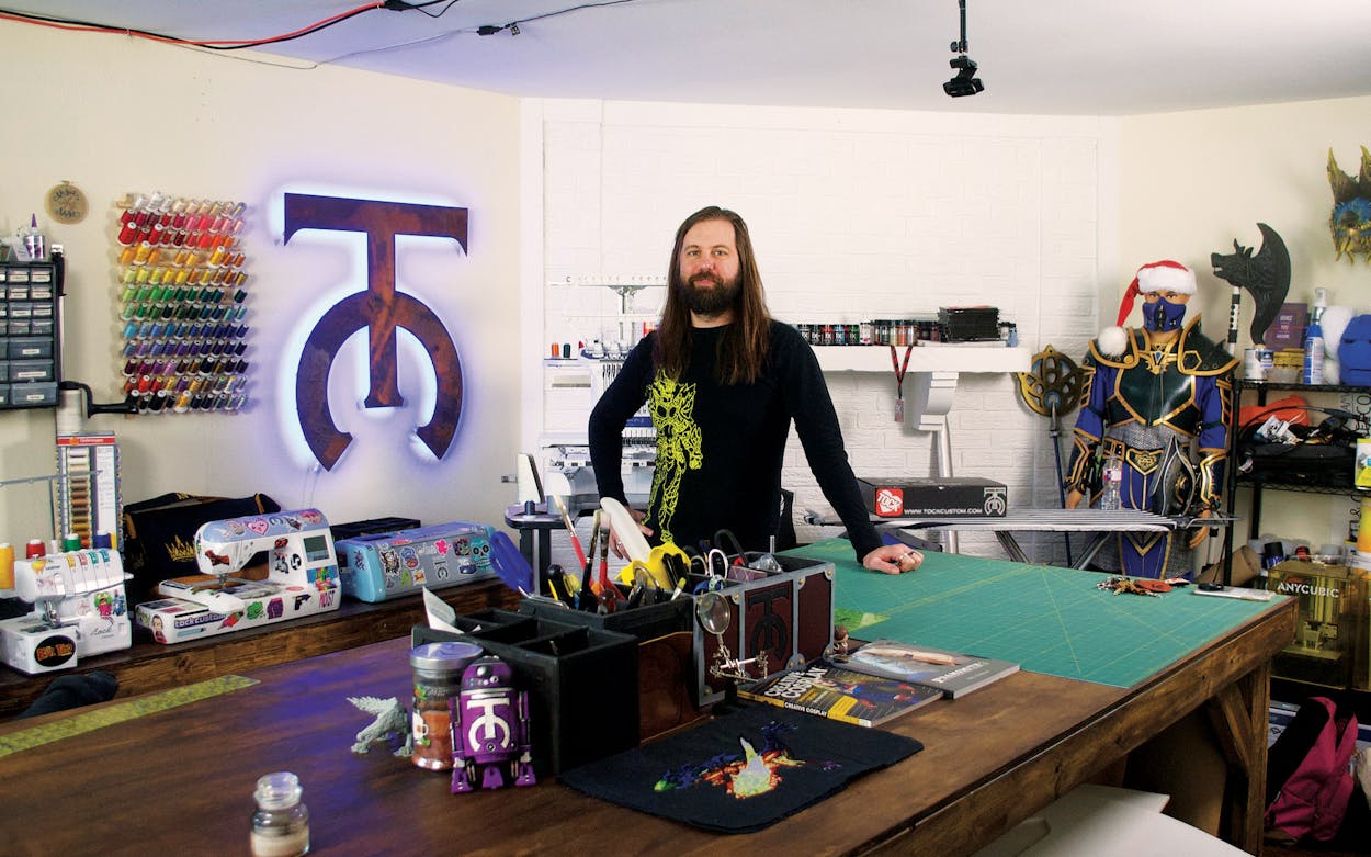 Chris Tock in his home sewing studio in Carrollton on June 2, 2021.