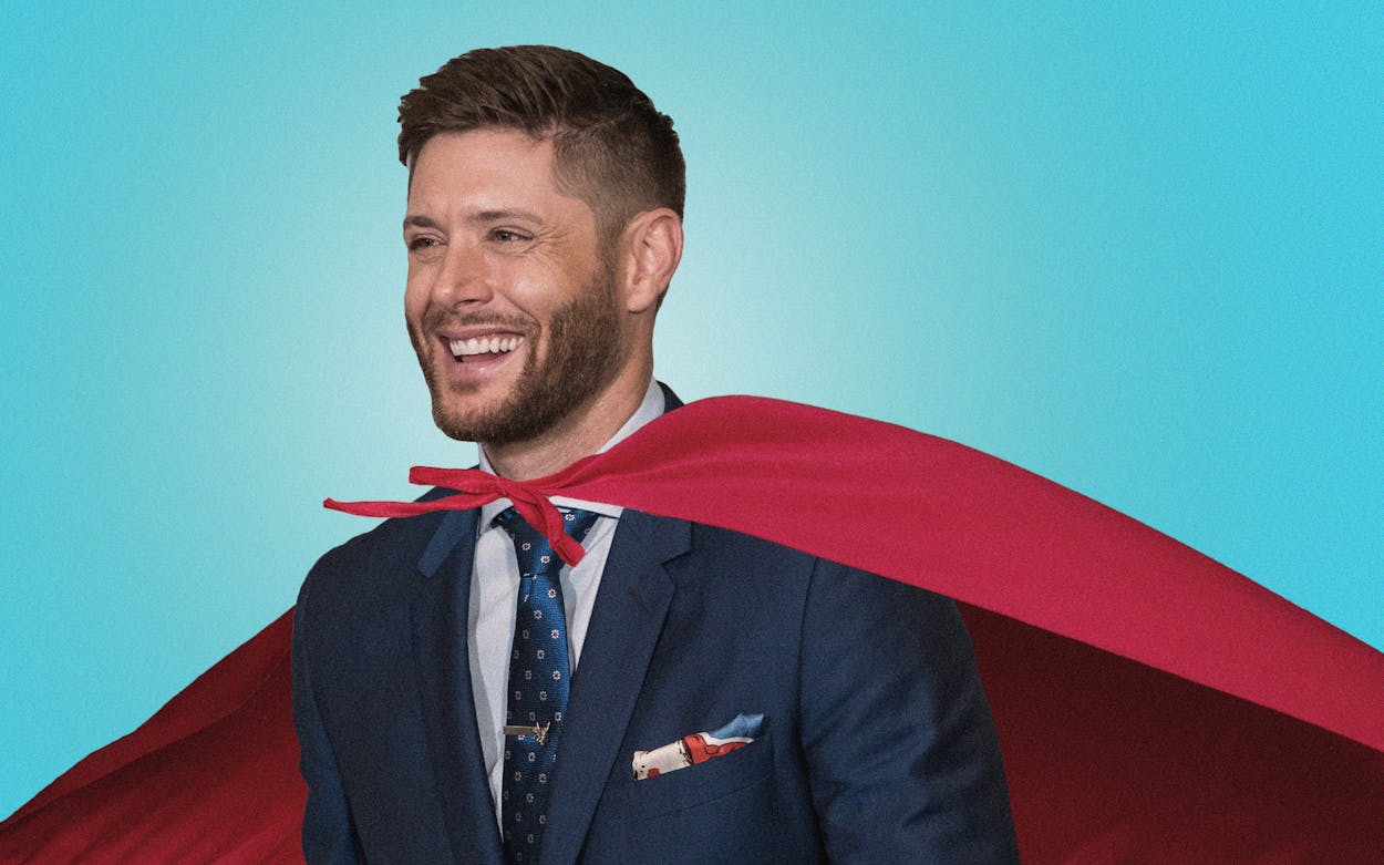 Jensen Ackles as a superhero photoshopped with a cape on.