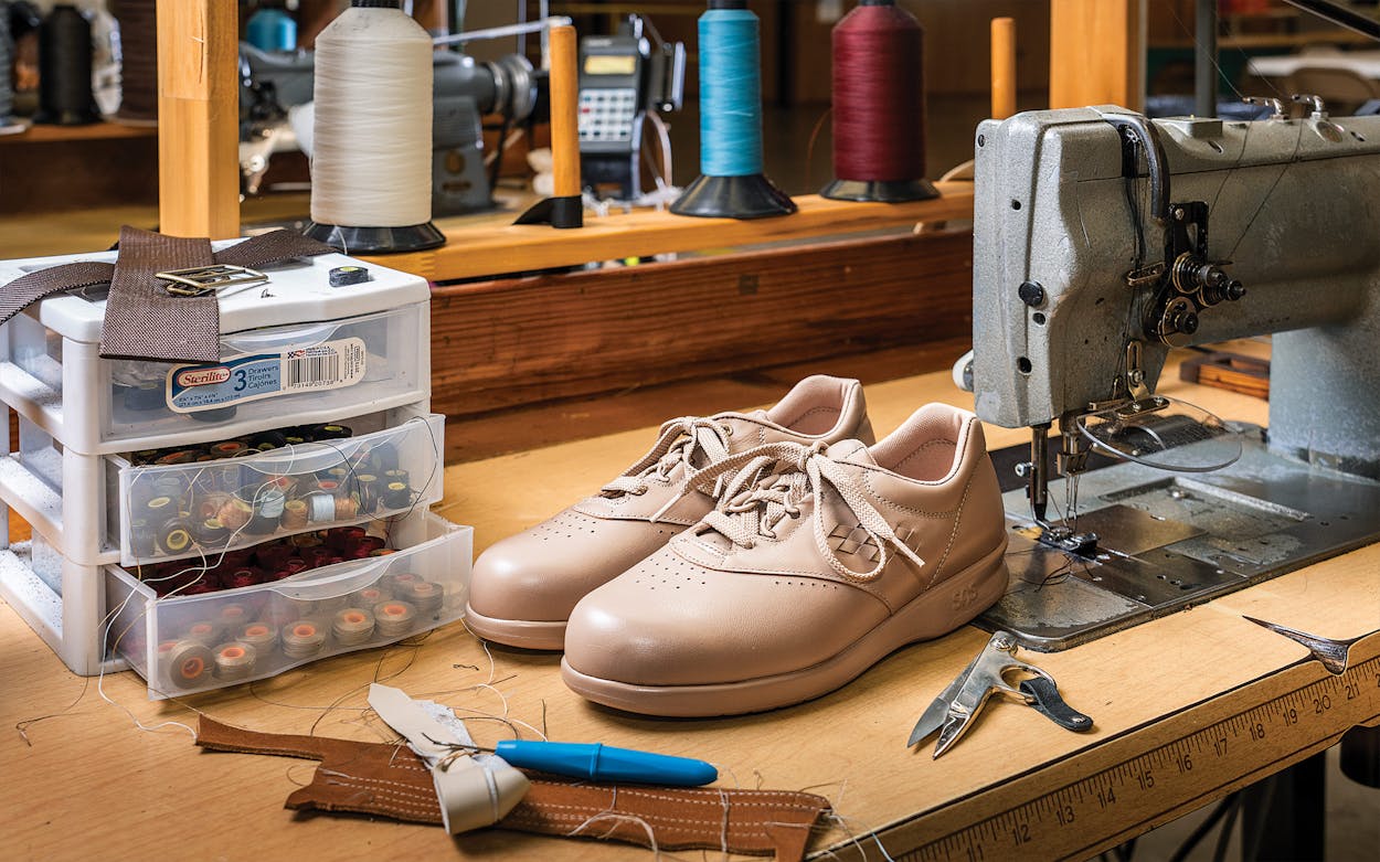 A newly assembled pair of the Free Time walking shoe, in mocha, at the SAS factory in San Antonio on June 2, 2021.