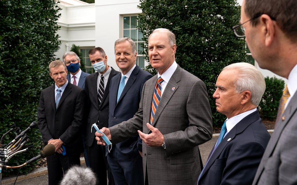 Gary Kelly, fifth from left, with executives from other major airlines after a meeting regarding an extension of federal aid in Washington, D.C. on September 17, 2020.