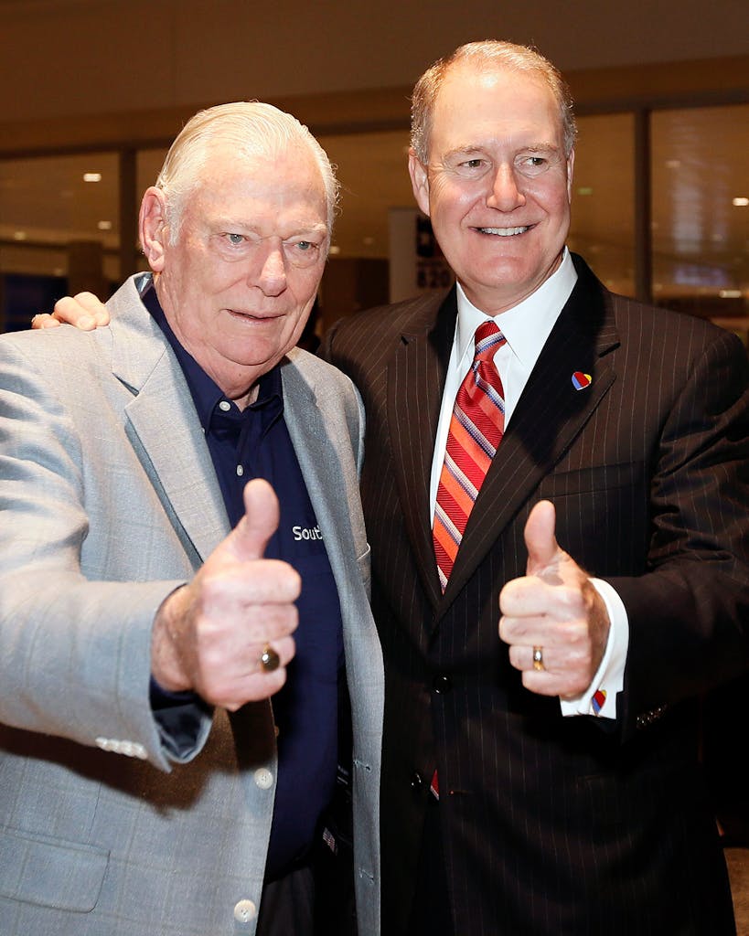 Southwest Airlines founder Herb Kelleher and Southwest CEO Gary Kelly celebrate the end of the Wright Amendment in Dallas on October 13, 2014.