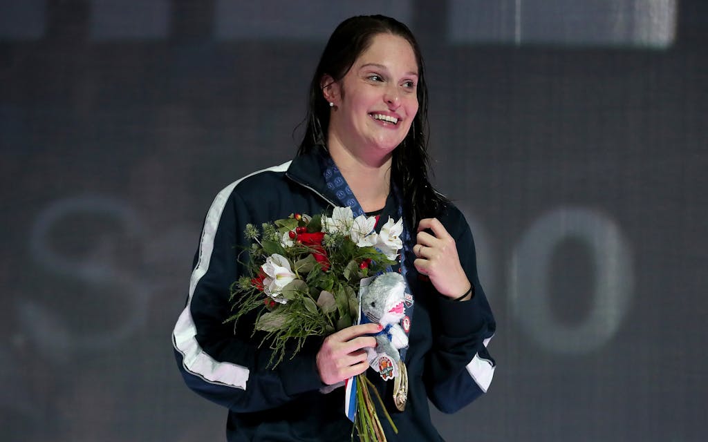Adams participates in the medal ceremony for the Women's 200 Meter Butterfly on June 30, 2016 in Omaha, Nebraska.