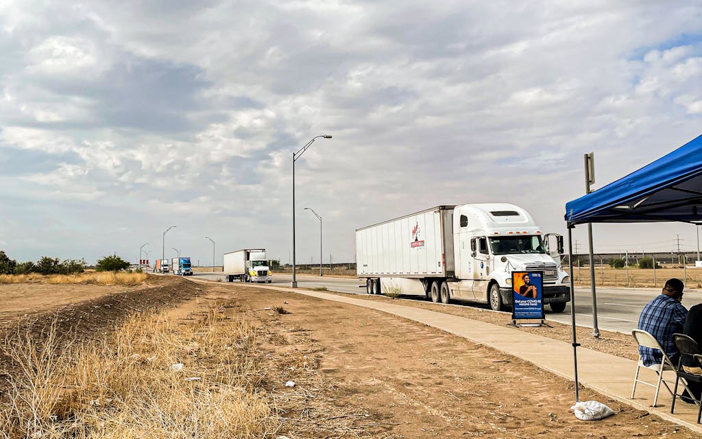 A pop-up vaccination tent is set up at the Ysleta–Zaragoza International Bridge in El Paso in a drive to vaccinate truckers.