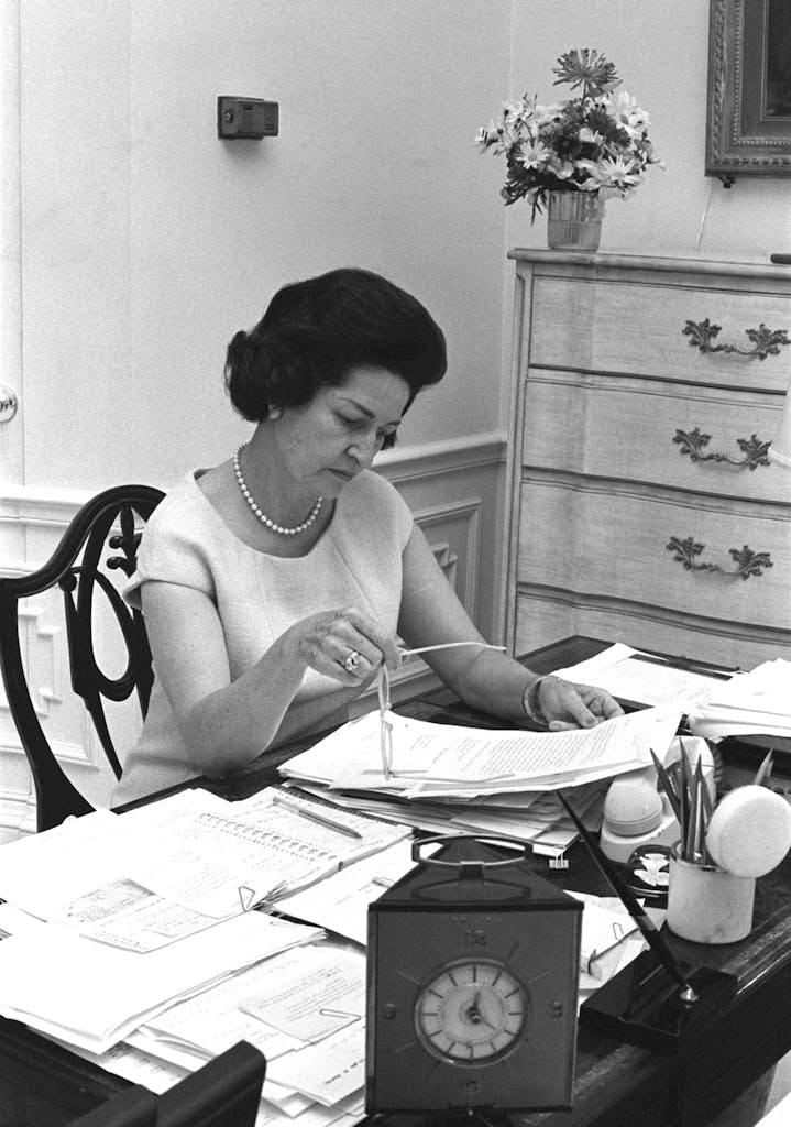 Lady Bird Johnson in white house office