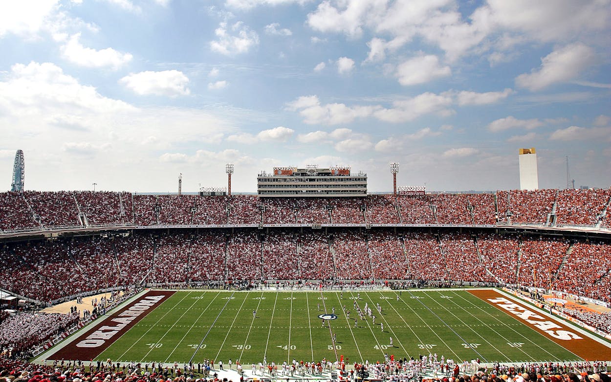 A Red River Showdown game between the Oklahoma Sooners and the Texas Longhorns at the Cotton Bowl in Dallas.
