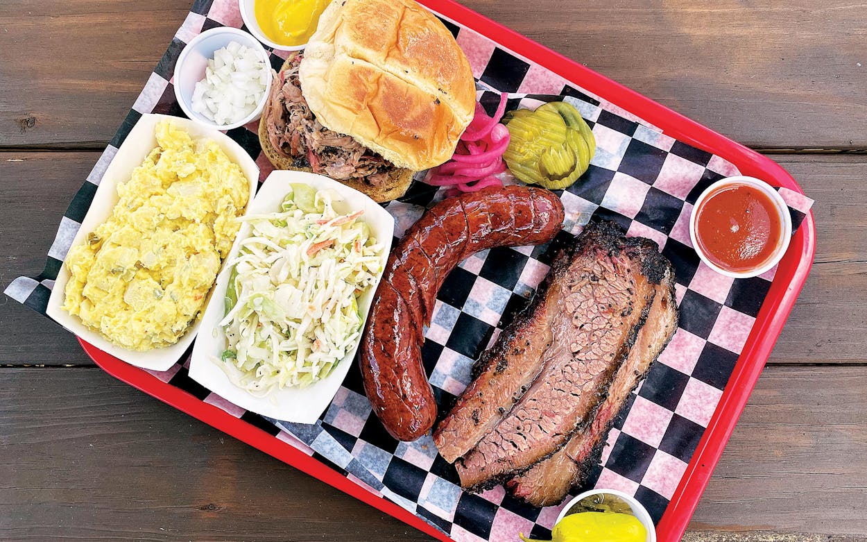 A tray of barbecue at Tom & Bingo’s Hickory Pit Bar-B-Q in Lubbock.