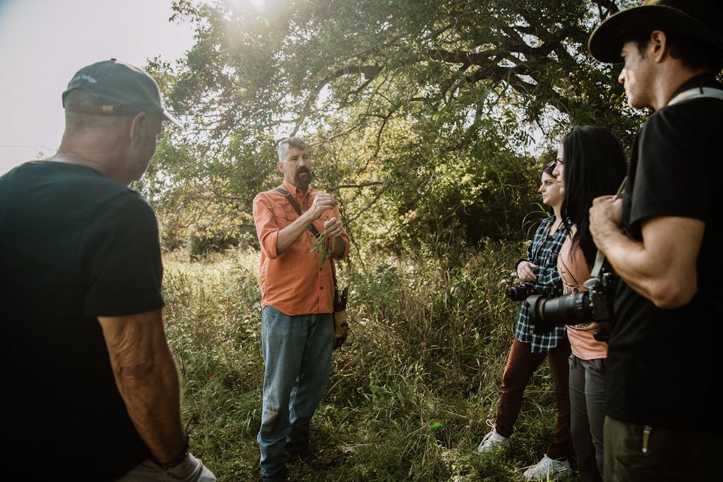 Dr. Mark "Merriwether" Vorderbruggen of Medicine Man Plant Co. leads a plant walkabout, teaching students how to identify and use wild plants for food and medicine on October 10, 2020 in Wimberley.