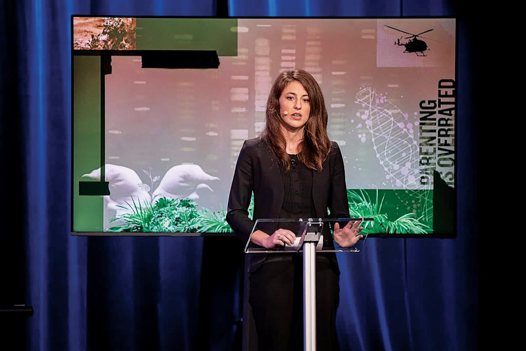 Kathryn Paige Harden participates in a debate hosted by the nonprofit Intelligence Squared, about the roles of parenting and genetics in child outcomes, in New York City in 2019.