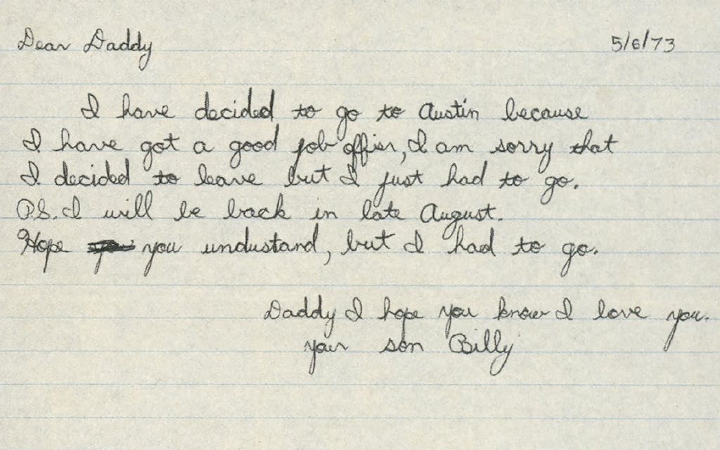 Billy Lawrence's letter to his father. 