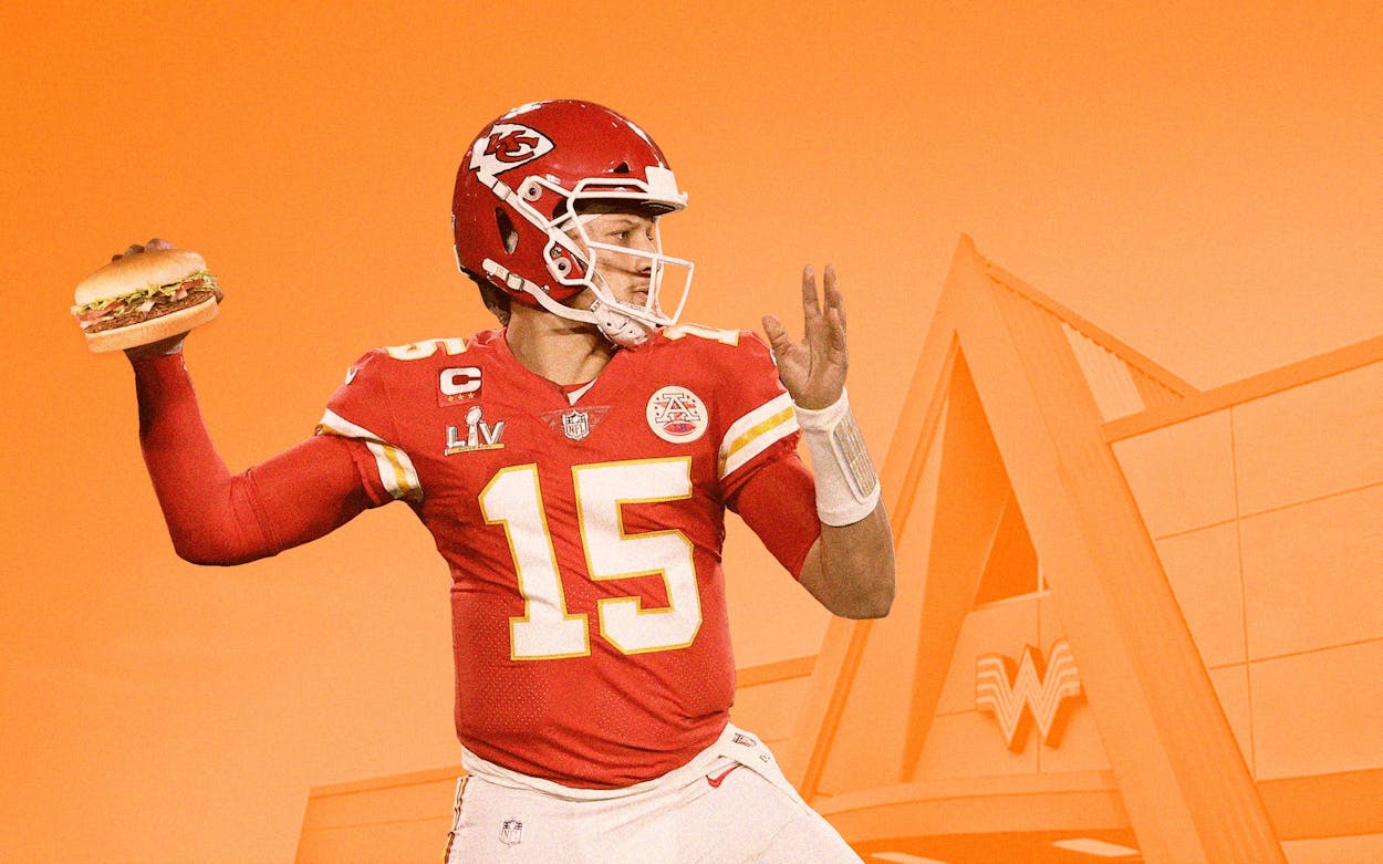 Photoshop of Patrick Mahomes throwing a Whataburger burger in his football uniform against an orange backdrop.