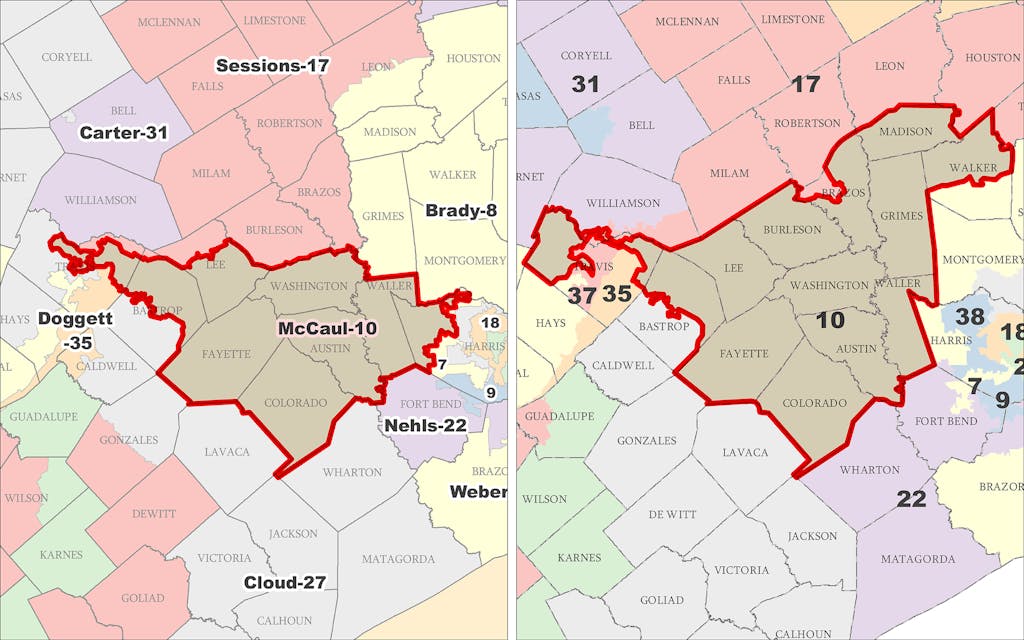 Texas congressional districts map of Austin and the Brazos Valley. 