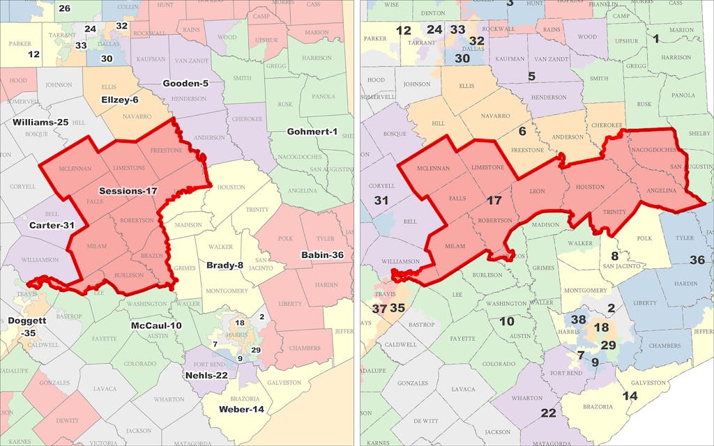 Texas congressional districts map of Central Texas, the Brazos Valley, and East Texas.  