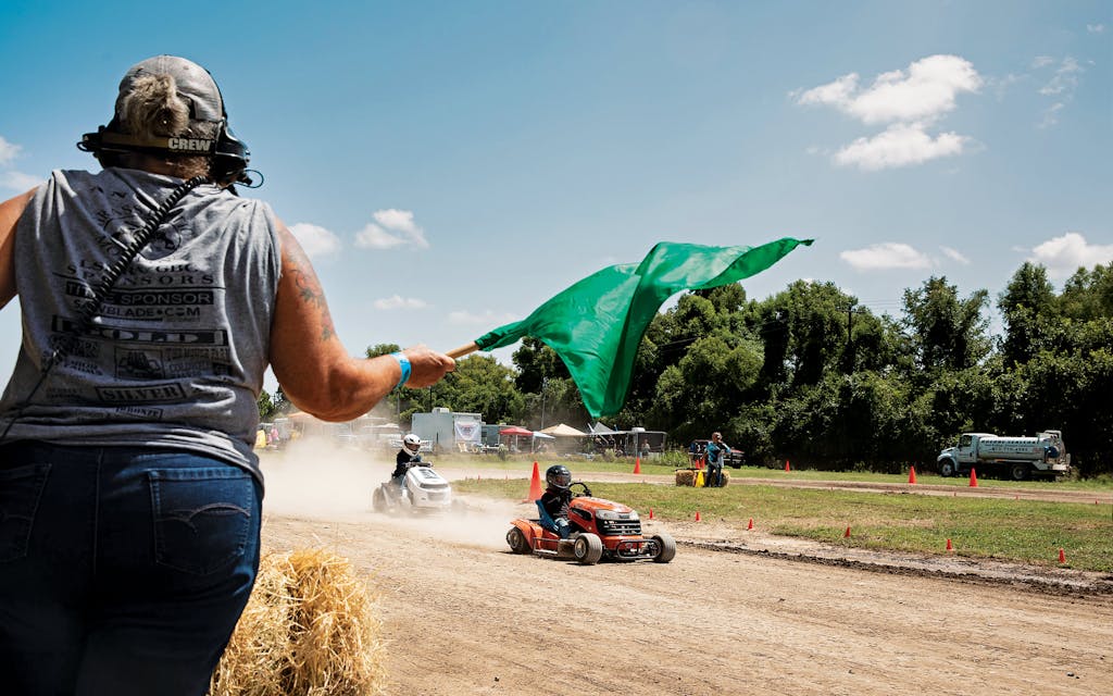 The Lone Star Mower Racing Association lawn mower races at the Kendall County Fairgrounds in Boerne, on September 4, 2021.