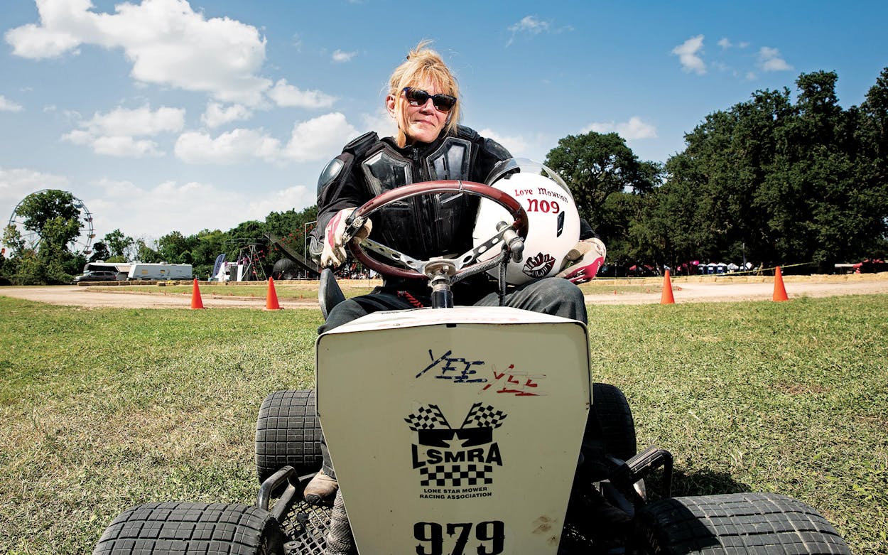 Sammie Neal at the Lone Star Mower Racing Association lawn mower races at the Kendall County Fairgrounds in Boerne, on September 4, 2021.