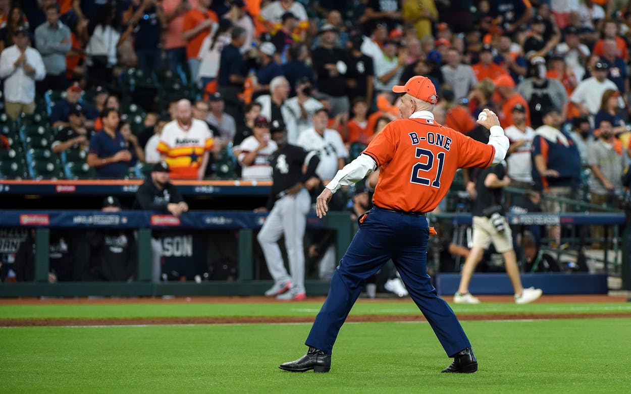 Mattress Mack throws out the first pitch before the baseball game between the Chicago White Sox and Houston Astros at Minute Maid Park on October 7, 2021 in Houston, Texas.