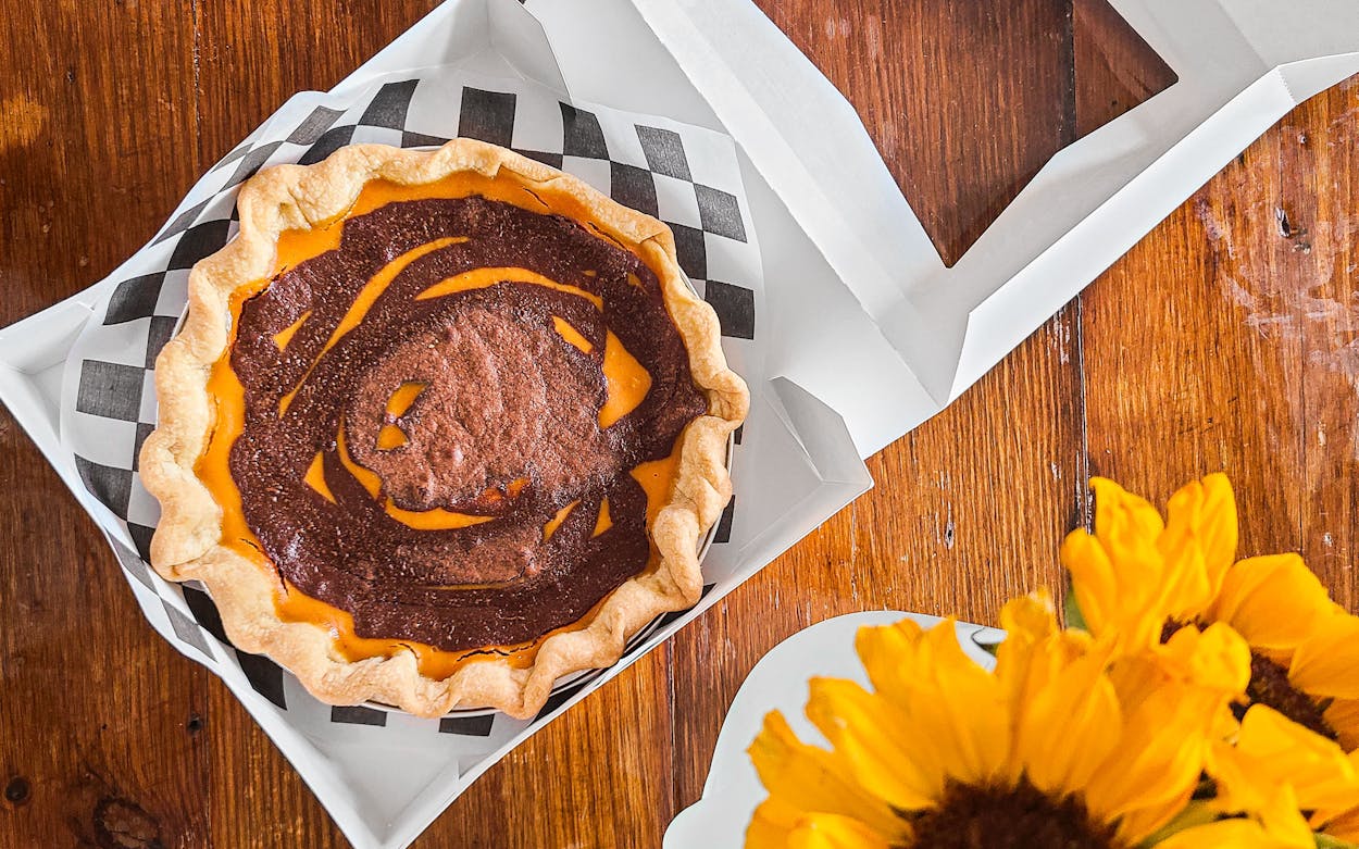 One of the pies available at Bonafide Betties in Rockwall is their Pumpkin Smash, a pumpkin pie with a chocolate-hazelnut Nutella swirl.