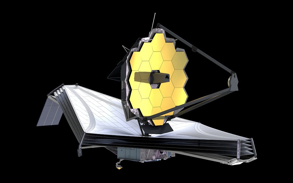 An artist rendering of the James Webb Space Telescope against a black background.
