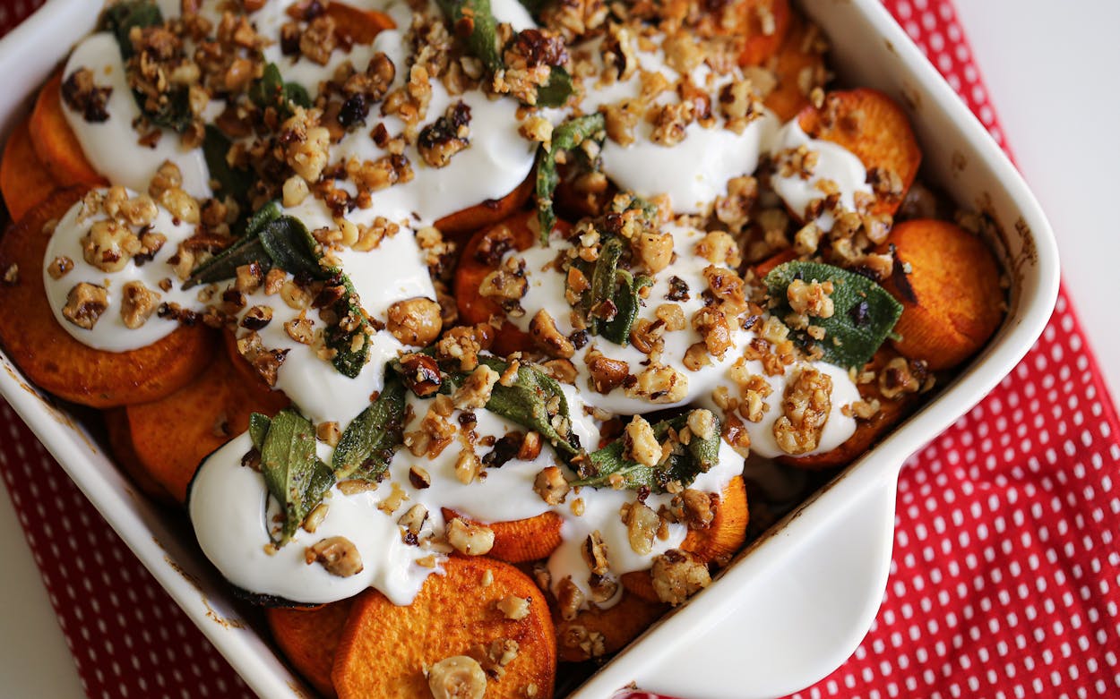 Roasted sweet potatoes with honey, labneh, sage and hazelnuts