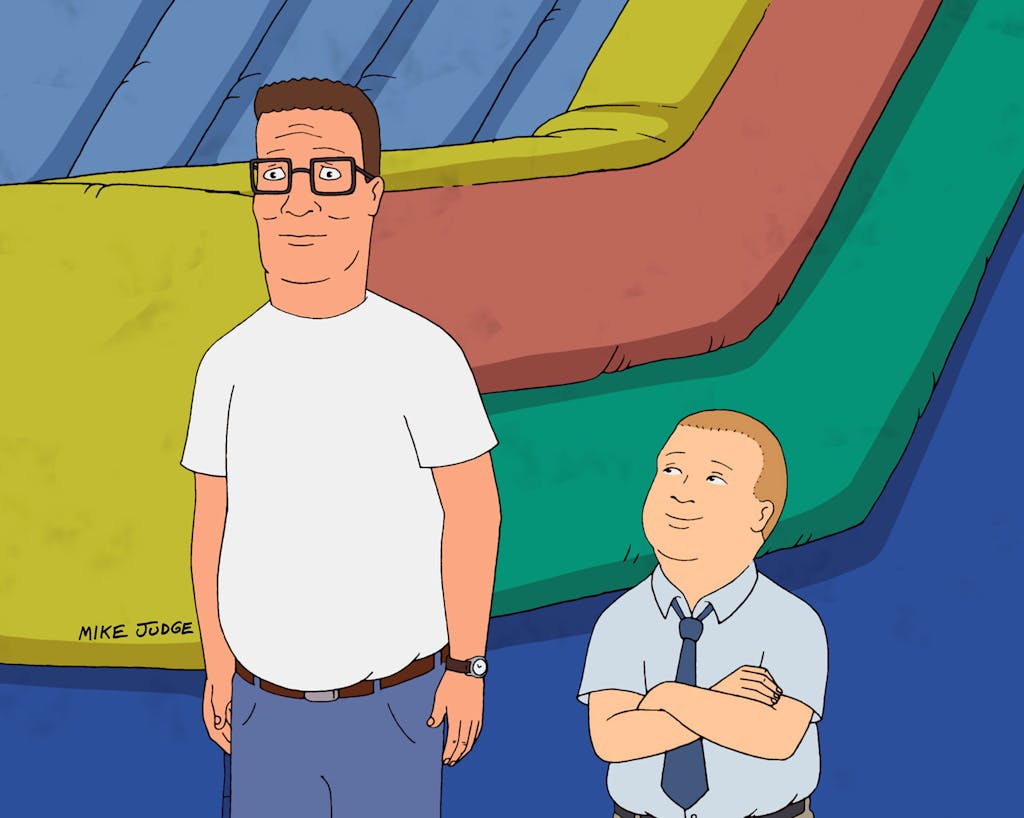 A scene from the season twelve episode “Tears of an Inflatable Clown” with Hank Hill (voiced by Judge) and son Bobby (voiced by Pamela Adlon).
