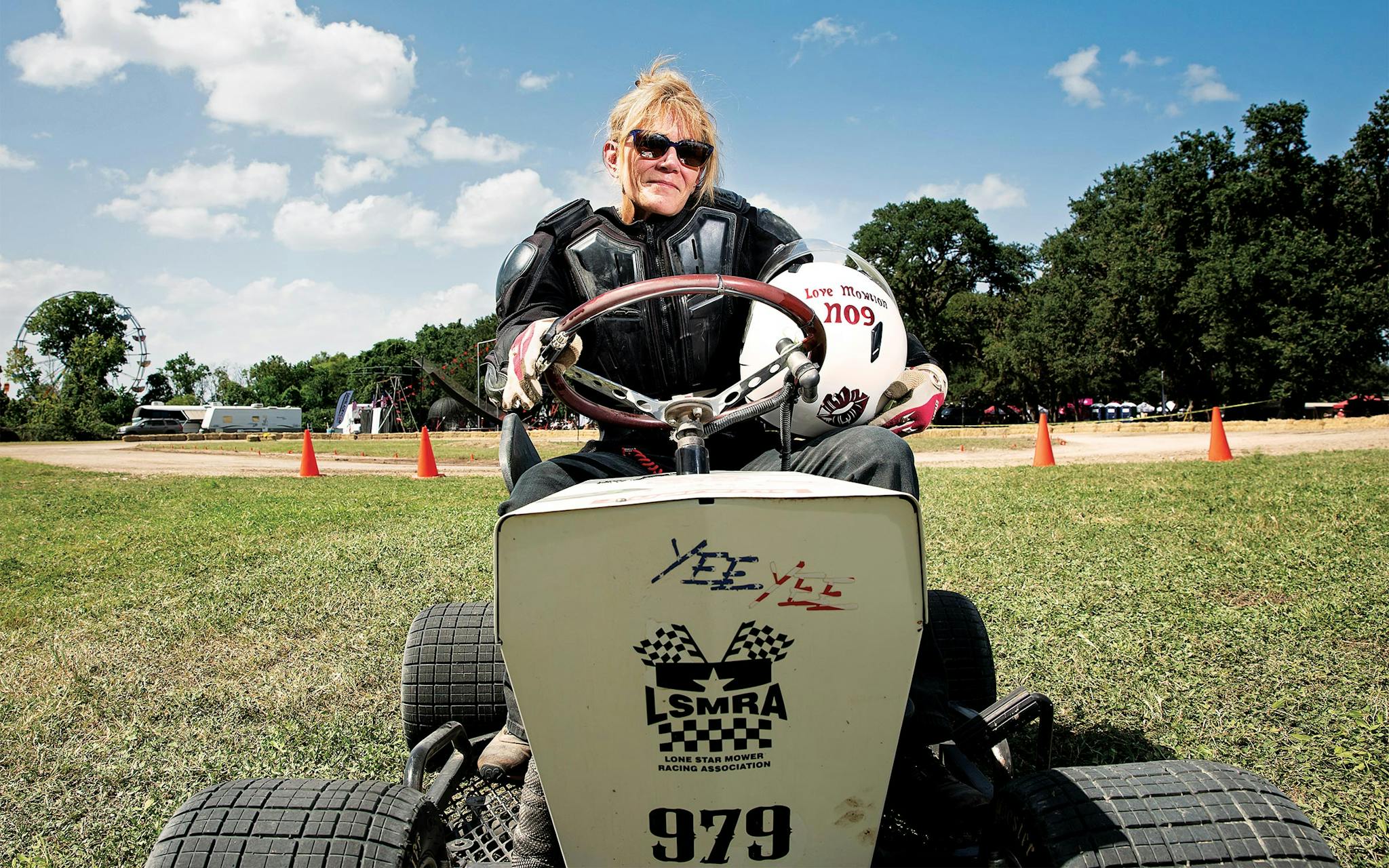 Racer Sammie Neel on her lawn mower at a competition in Boerne on September 4.