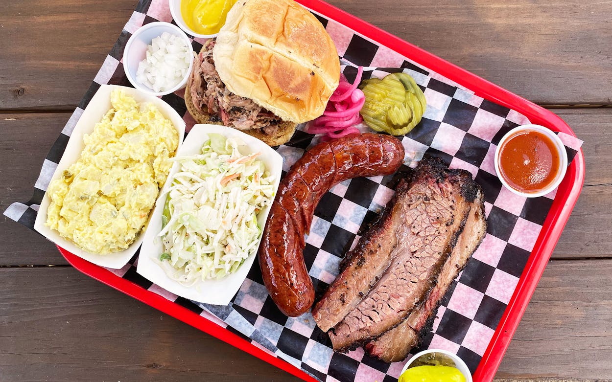 Brisket and sausage platter at Tom and Bingos Hickory Pit Bar-B-Q in Lubbock