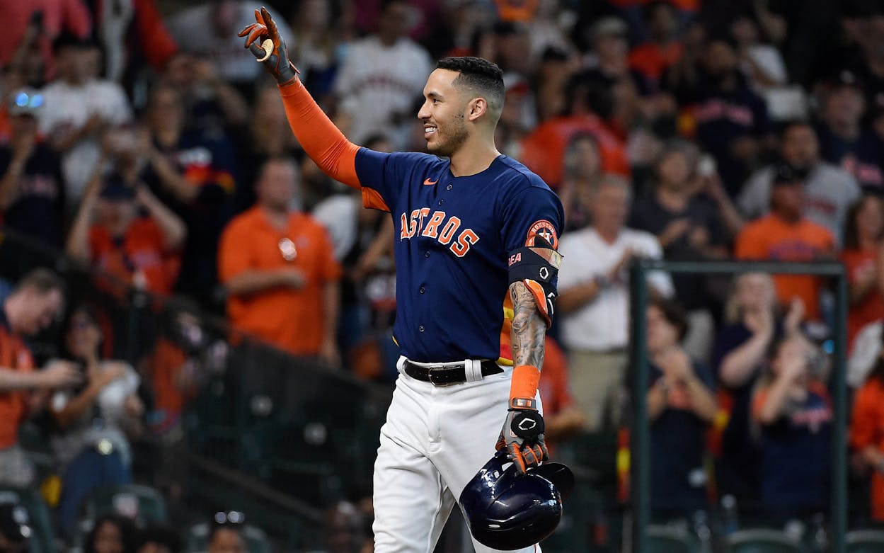 Houston, USA. 15th Oct, 2021. Houston Astros shortstop Carlos Correa  celebrates after hitting a one-run home run to put the Astros ahead 4-3 in  the 7th inning in game one of the