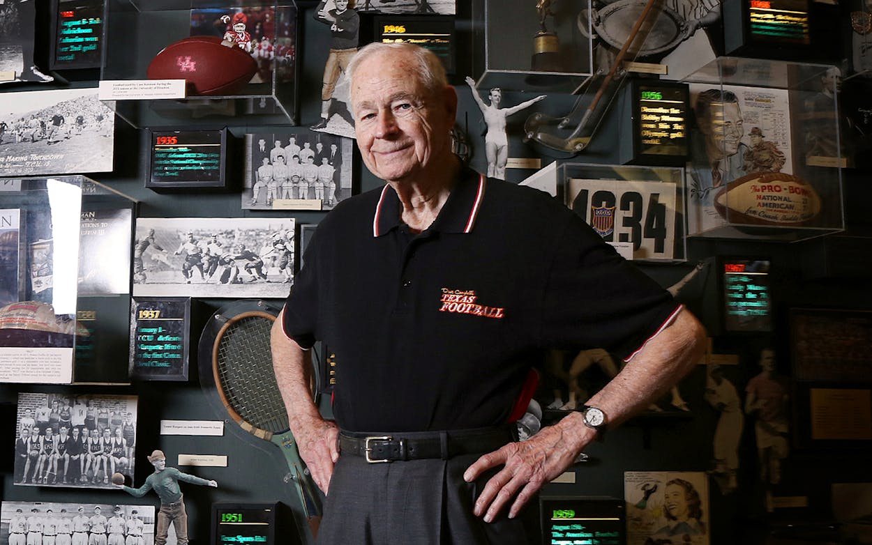 In this Dec. 12, 2015 photo, Dave Campbell stands inside the Texas Sports Hall of Fame in Waco, Texas. Campbell, founder of the Texas Football preview magazine that became a fixture in this football-crazy state, has died Friday night, Dec. 10, 2021, at his home in Waco, said Greg Tepper, managing editor of Dave Campbell's Texas Football. He was 96.