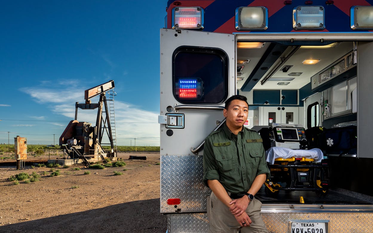Paramedic Anthony Luk in the field with an Occupational Health and Safety International ambulance in Loving County in July 2021.