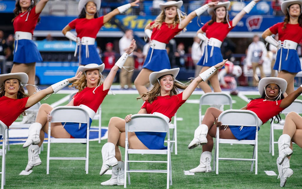 The Kilgore College Rangerettes perform during halftime at the Cotton Bowl on January 2, 2017 in Arlington.