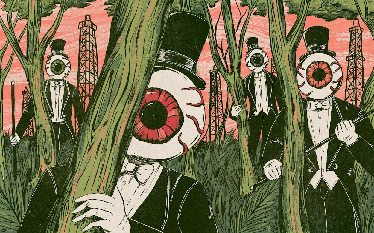 The-Residents-music-band-Hardy-Fox-illustration showing members of the band hiding among the pines and oil towers of East Texas