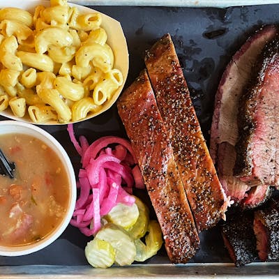 Pork spare ribs, brisket, and sides from Agape BBQ in Liberty Hill.