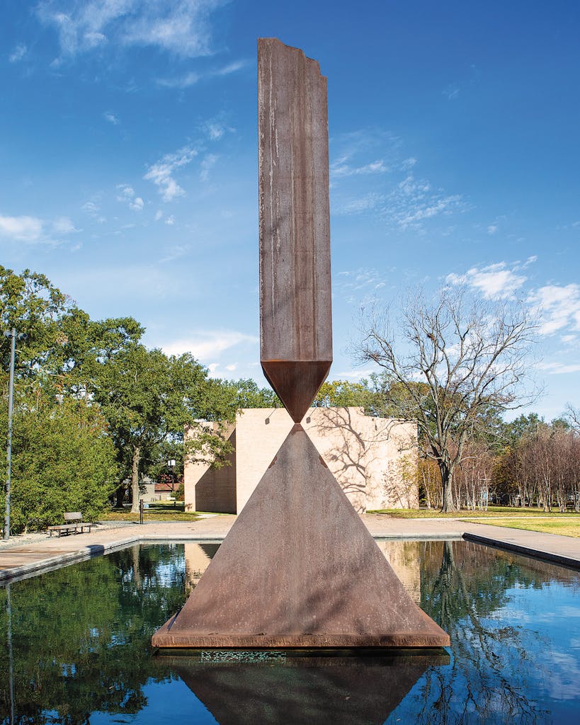 Sculptor Barnett Newman’s Broken Obelisk outside of the Rothko Chapel.