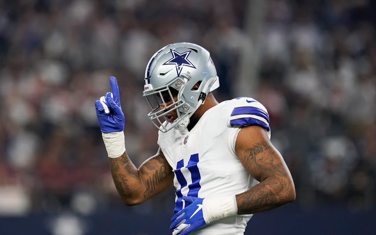 Dallas Cowboys linebacker Micah Parsons celebrates after a sack during an NFL football game against the Washington Football Team in Dallas.