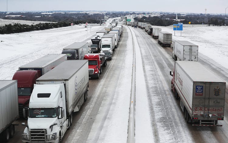 Vehicles at a standstill on Interstate 35 near Temple on February 18, 2021.