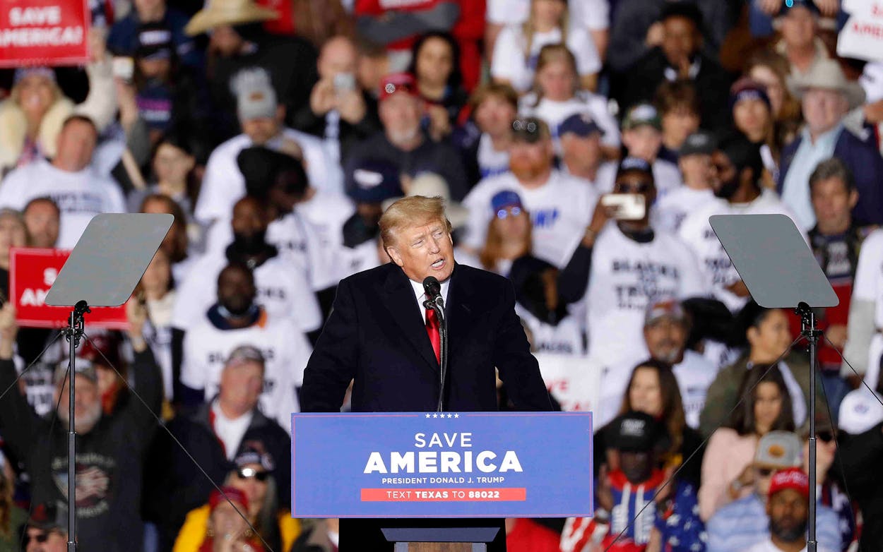 Former President Donald Trump speaks at a rally, Saturday, Jan. 29, 2022, in Conroe, Texas.