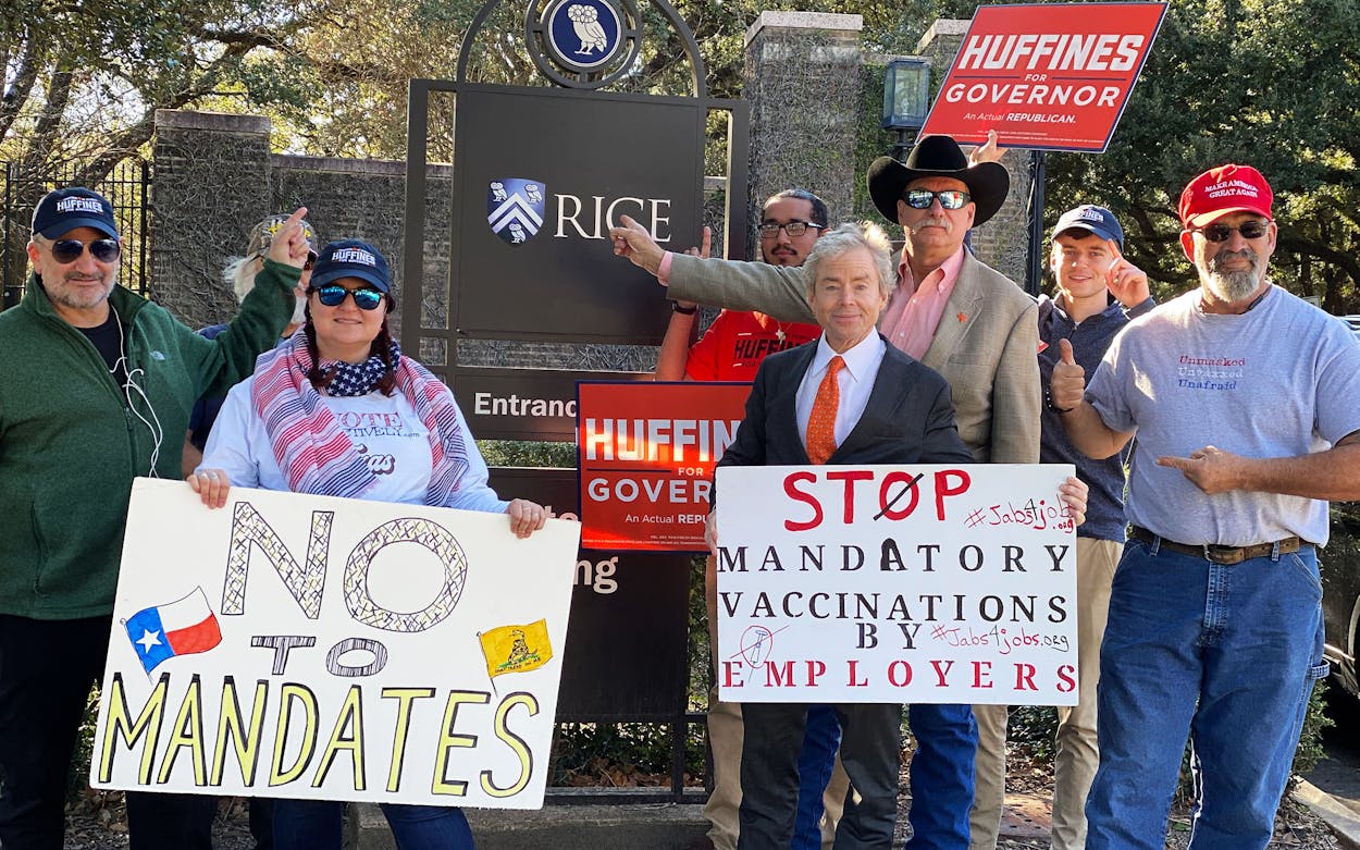 Don Huffines, a few campaign staffers and volunteers, and some protesters at a rally against vaccine mandates at Rice University.
