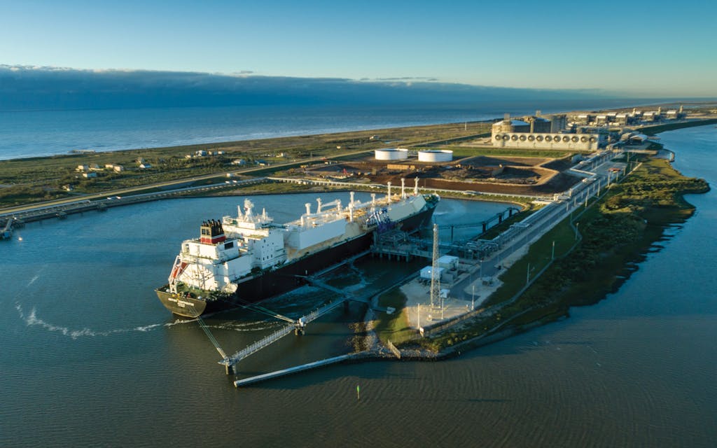 A cargo ship fills up at Freeport LNG's port in 2020.