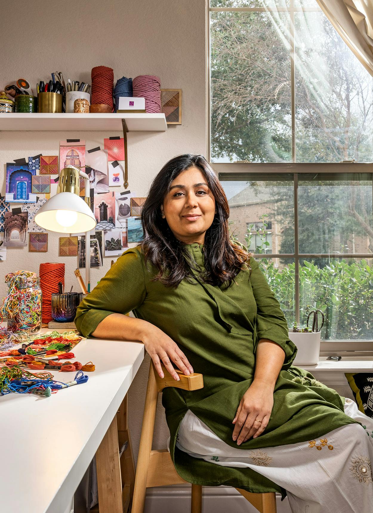 Dallas-based fiber and wood artist Nosheen Iqbal in her home workshop.