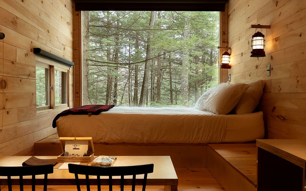 A Getaway Piney Cabin with a big picture window.