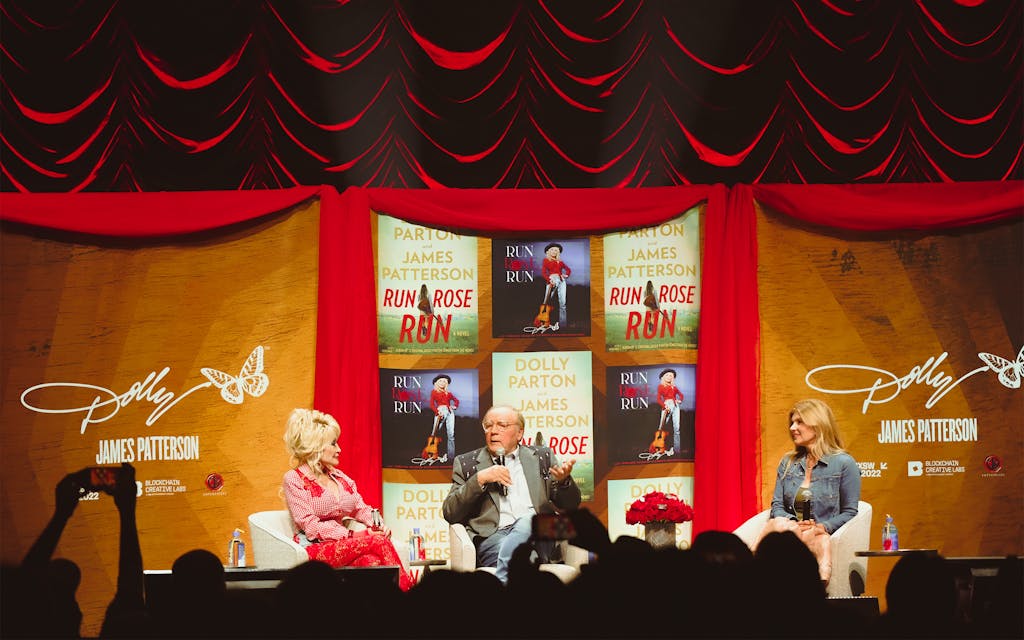 Dolly Parton and James Patterson in conversation with Connie Britton at ACL Live during Blockchain Creative Labs’ Dollyverse event at SXSW on March 18, 2022.