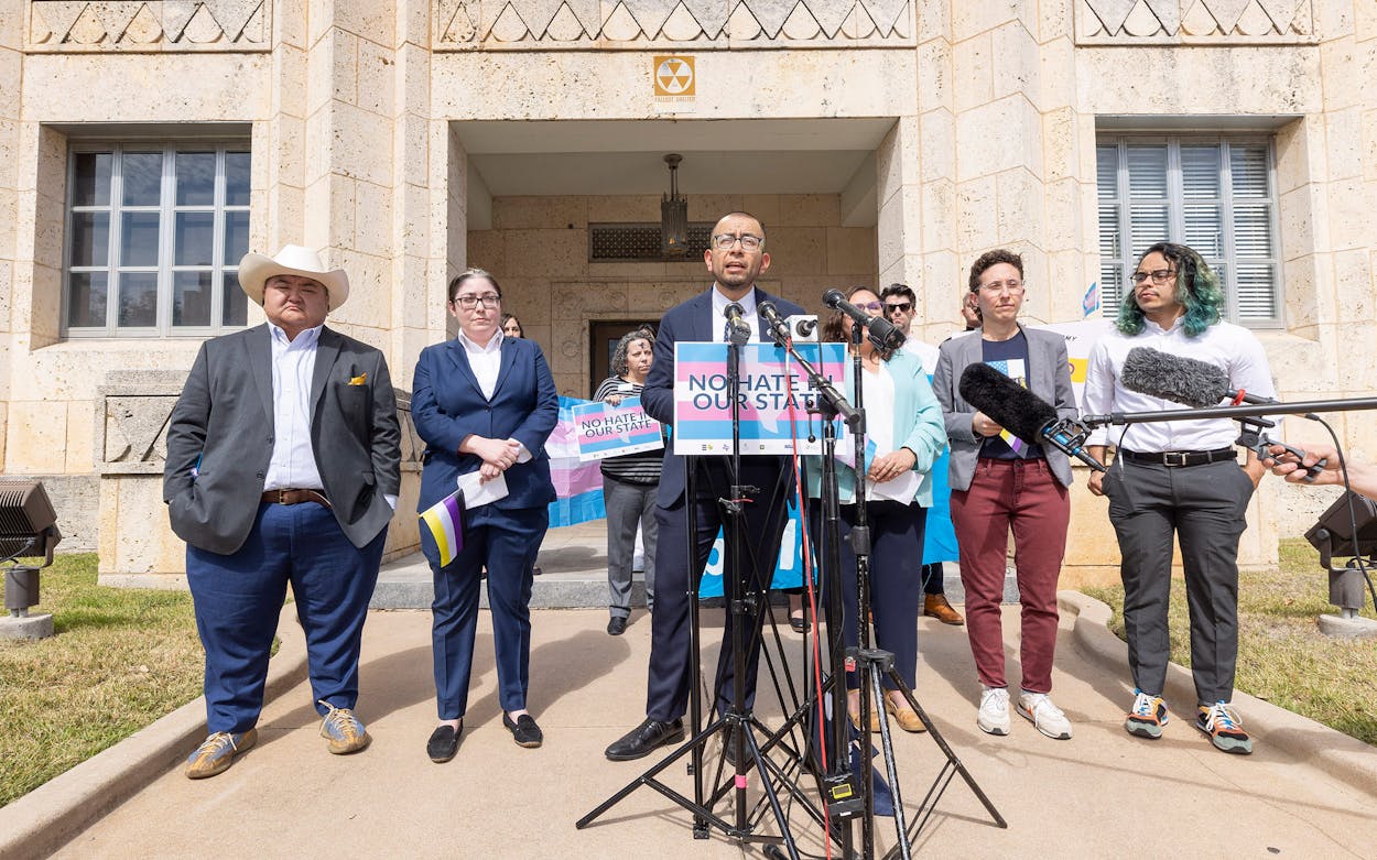 Ricardo Martinez of Equality Texas speaks outside the Travis County Courthouse on March 2.