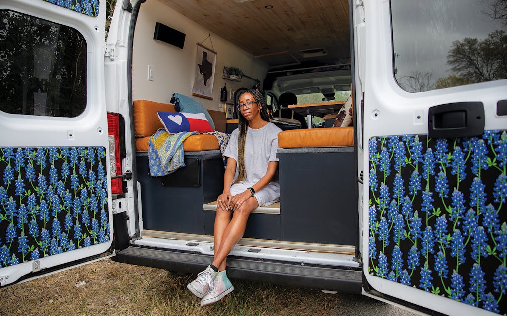 Tayhlor Coleman in her van in New Braunfels on March 17, 2022.