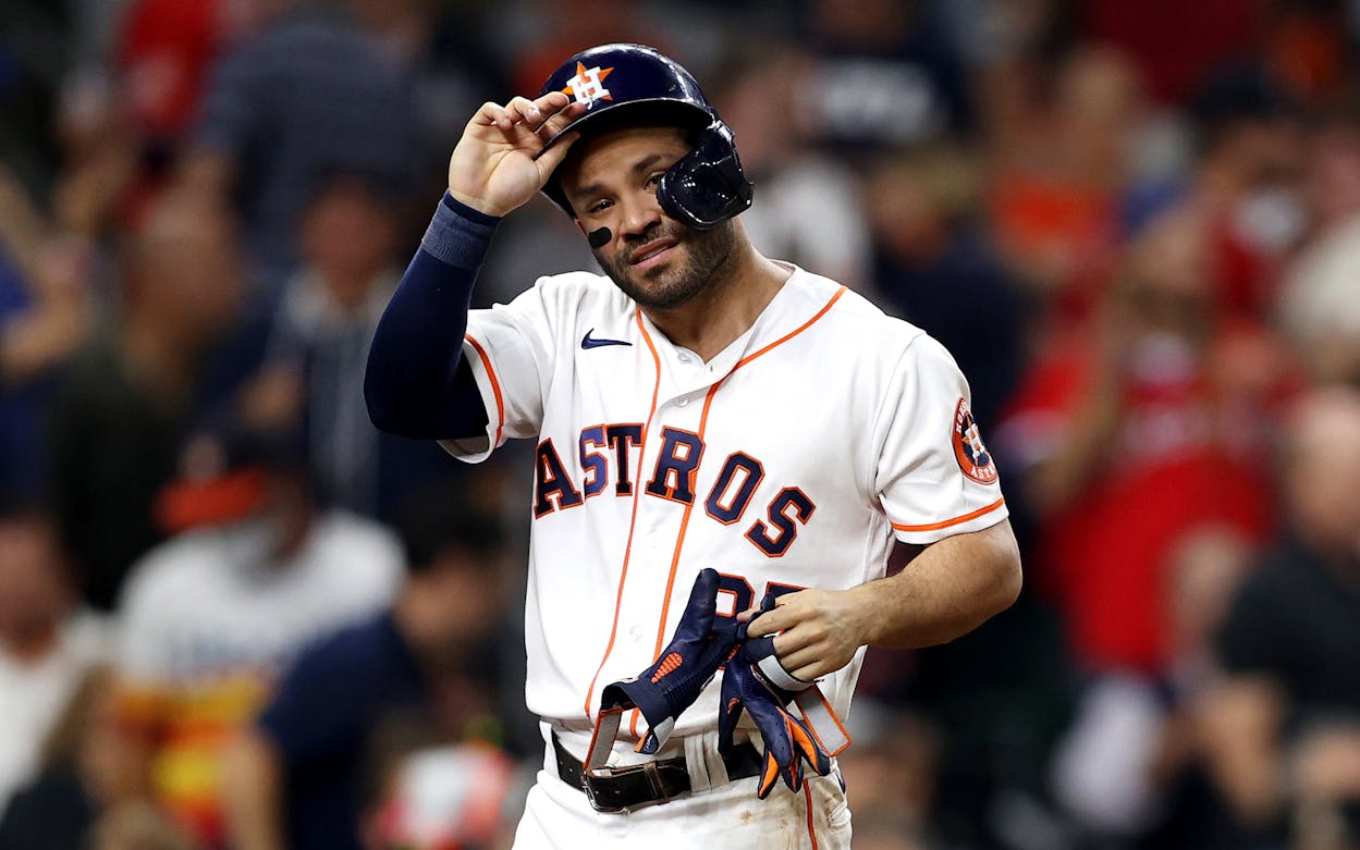 ose Altuve #27 of the Houston Astros reacts after striking out against the Atlanta Braves during the eighth inning in Game Six of the World Series at Minute Maid Park on November 02, 2021 in Houston, Texas.