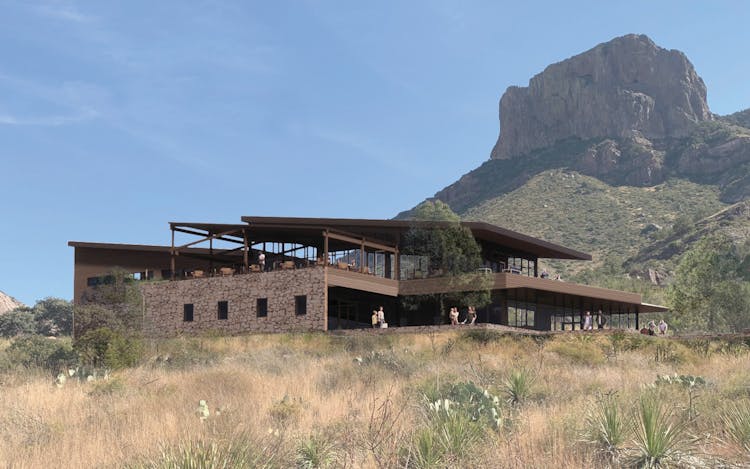 Exterior view with Casa Grande Peak. Proposed new lodge facility would use the same footprint as the current facility.