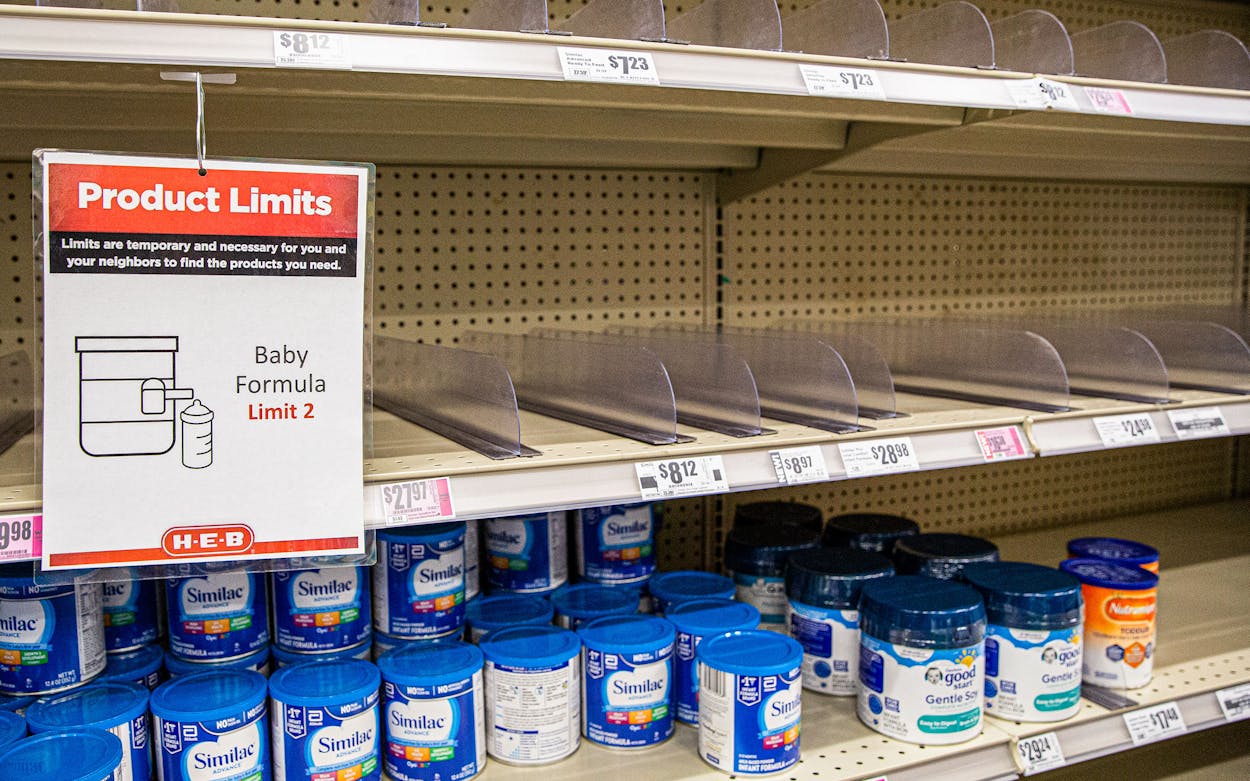 An HEB grocery store maintains product limits for customers as the shortage of infant formula in the country continues on May 18, 2022 in Austin.