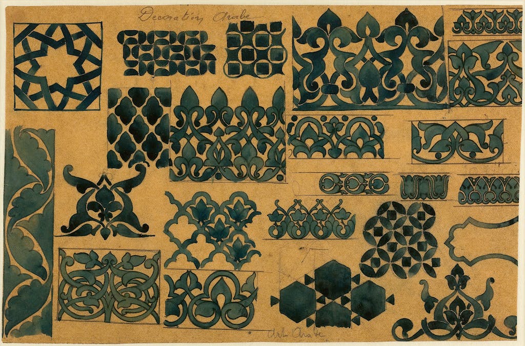“Decoration arabe,” studies of Arab art and Arab-style patterns, after Jones, The Grammar of Ornament, Cartier Paris, c. 1910, graphite and India ink on tracing paper.
