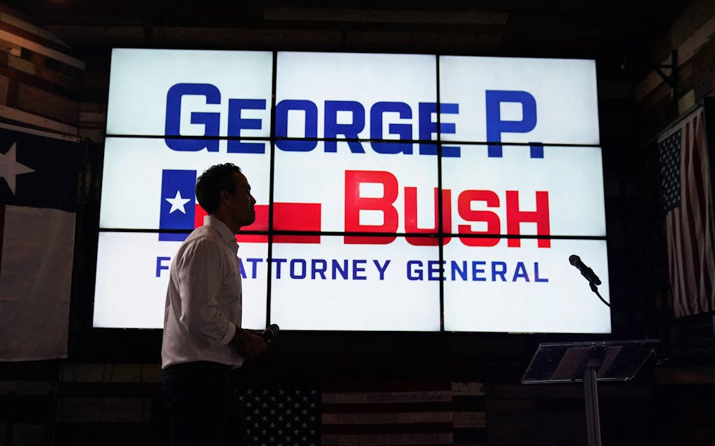 Texas Land Commissioner George P. Bush leaves the stage at a kick-off rally where he announced he will run for Texas Attorney General, June 2, 2021, in Austin, Texas.