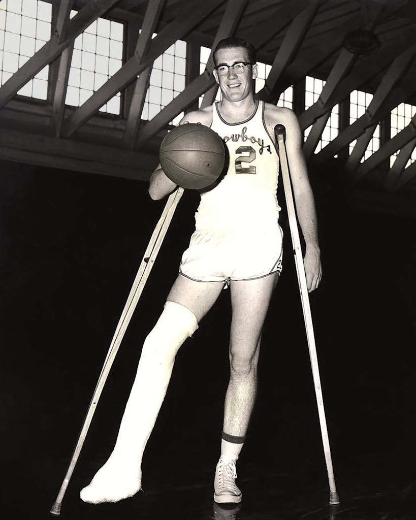 Brunson with a broken leg during his senior year at Hardin-Simmons University in 1954.