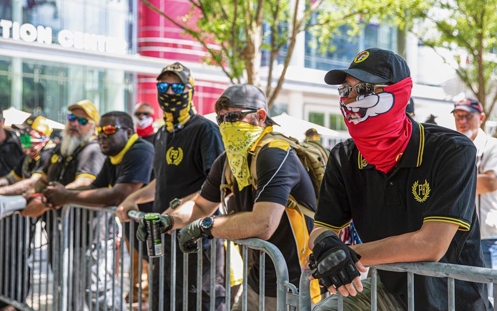 The Proud Boys gathered in counter protest outside of the NRA Convention in Houston on May 28, 2022.